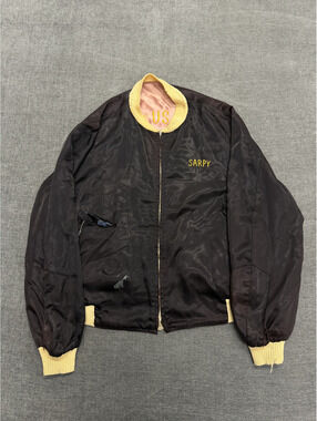 Vintage Black Satin Bomber Jacket with Yellow Trim and Embroidered 'SARPY'